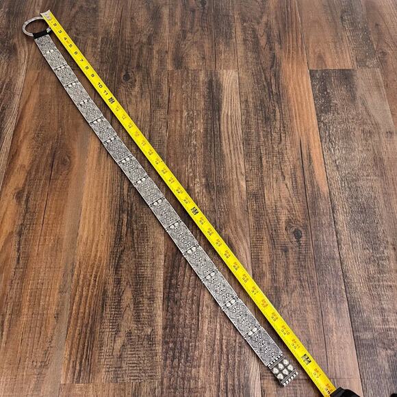 Beaded Metal Stretch Belt Hip Slung Embossed Boho Bohemian Size L/XL Silver Blk